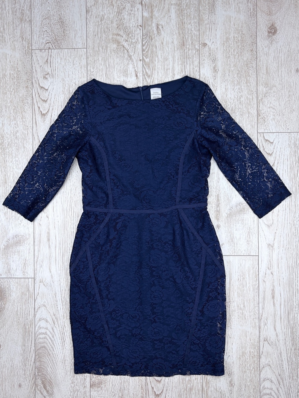 Zara M Navy Lace Sheath Dress with Three-Quarter Sleeves